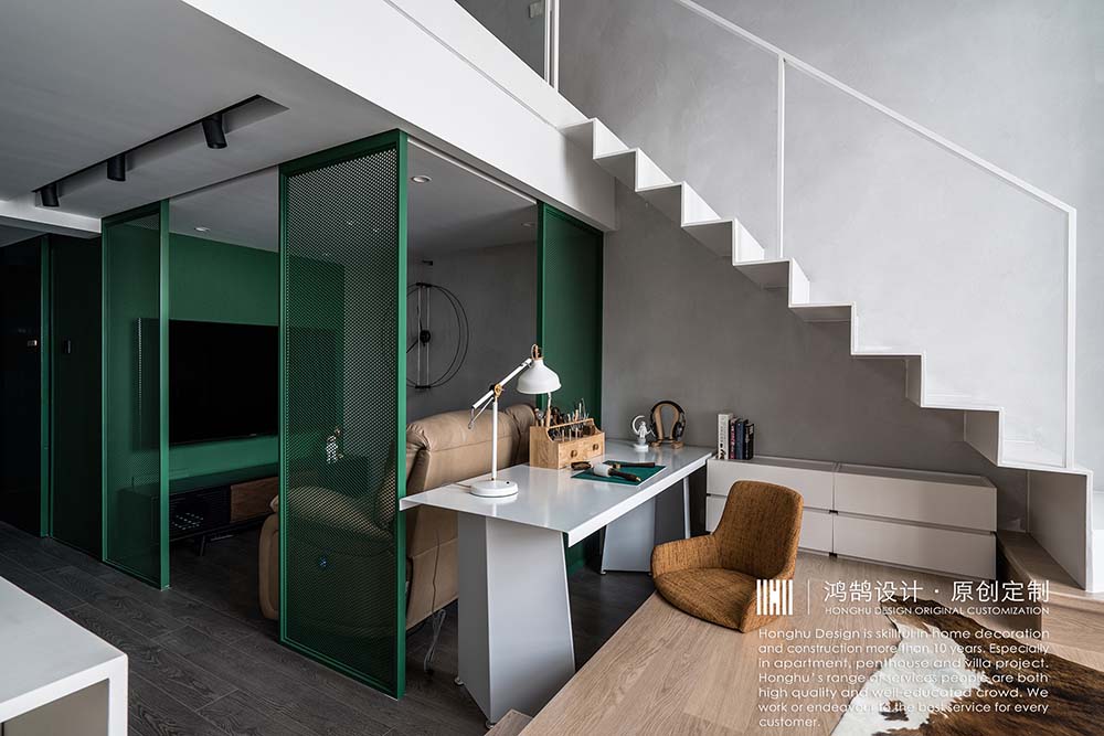 功能區裝修效果圖獨居LOFT，觀影、辦公、居住潮流混搭功能區設計圖片賞析